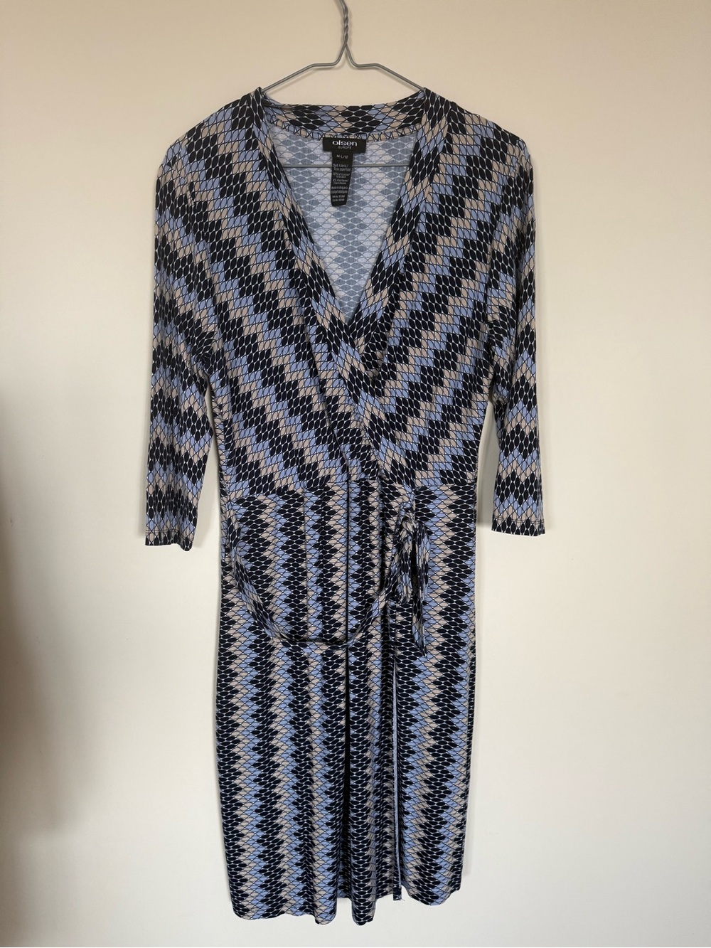 Olsen Dark Blue & Light Blue Patterned Long-Sleeve Wrap Dress